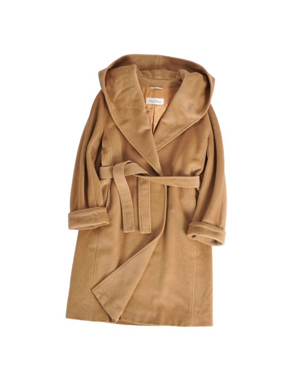 Max Mara Coat Long White Tag Hooded Wrap Wool Cashmere Hood Belted Beige